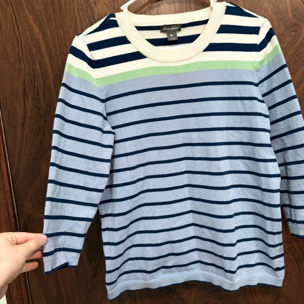 Eddie Bauer Striped Crew Neck Sweater Cotton‎ Blend 3/4 Sleeve Top Large